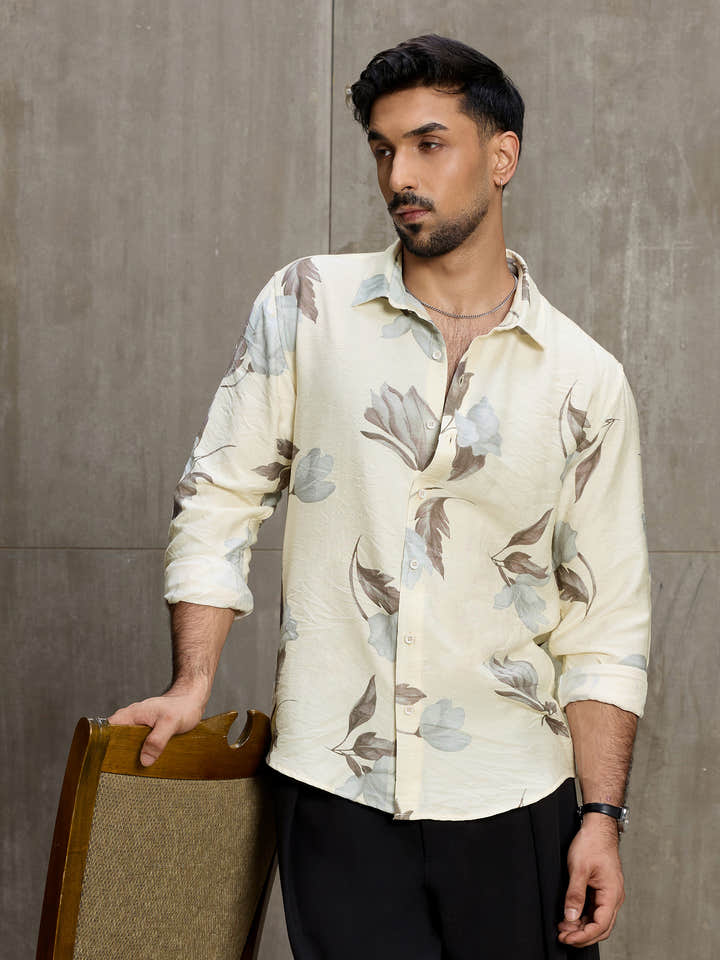 Cahoot Men's Cream Botanical Printed Regular Fit Shirt - view 1