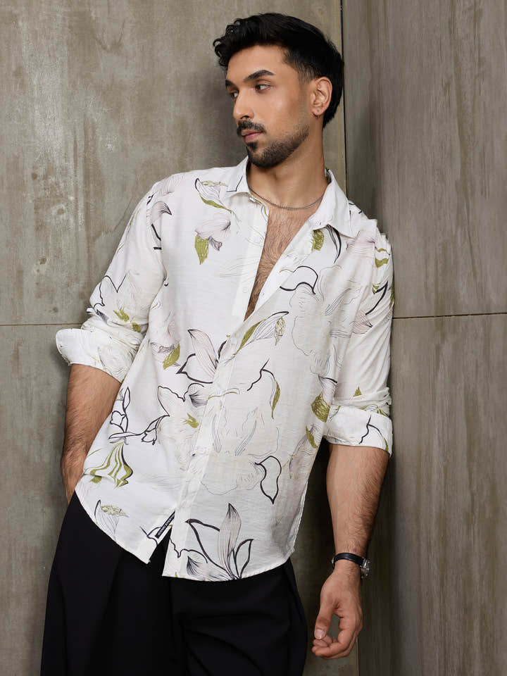 Cahoot Men's White Botanical Printed Regular Fit Shirt - view 1