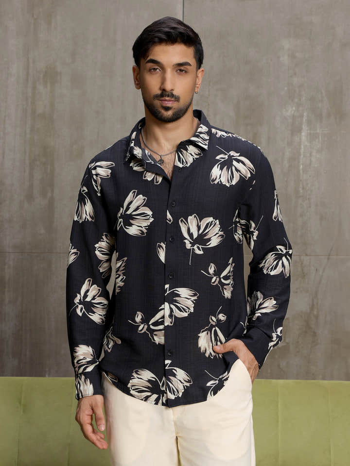 Cahoot Men's Black Botanical Printed Regular Fit Shirt - view 1
