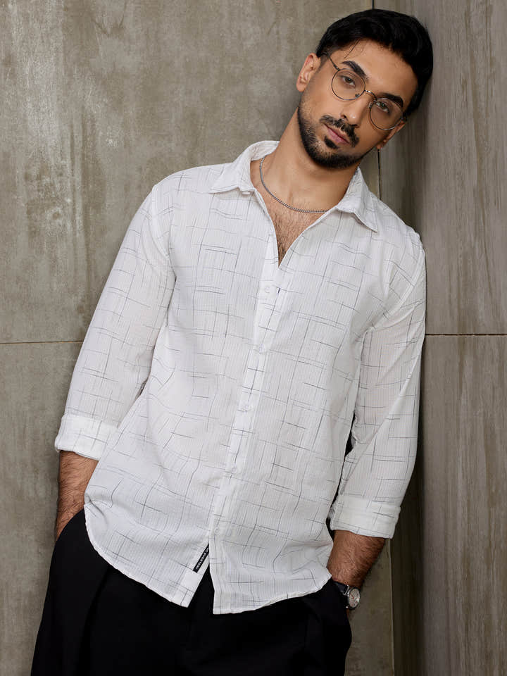 Cahoot Men's White Crosshatch Printed Regular Fit Shirt - view 1