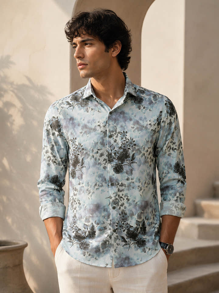 CAHOOT Men's Light Blue Botanical Printed Regular Fit Shirt - view 1