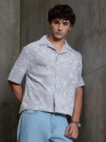 Boxy Crop Fit Shirt With Embossed Floral Print