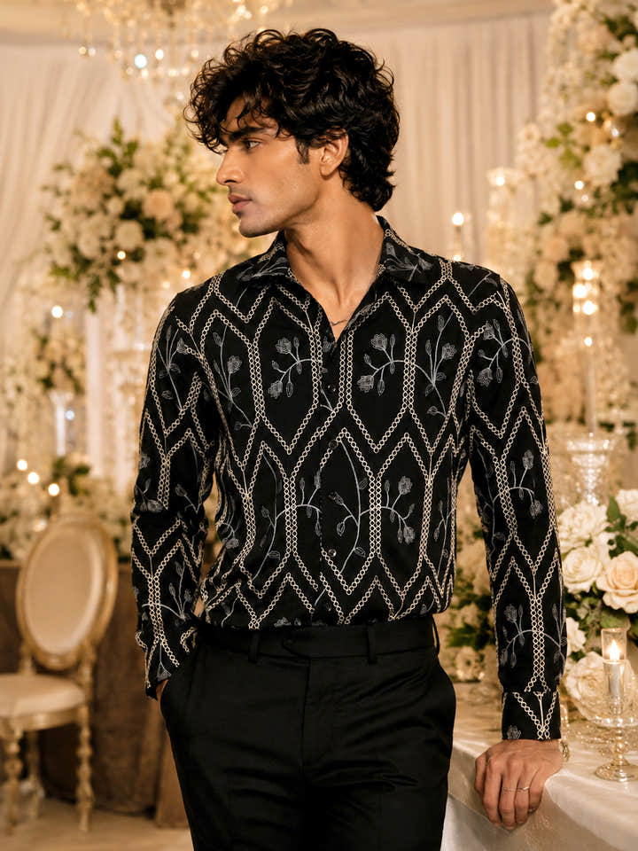 CAHOOT Men's Black Geometric Embroidered Oversized Fit Shirt - view 1
