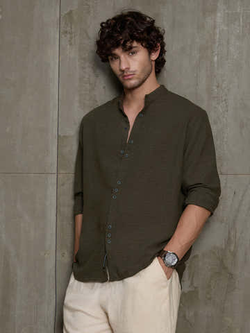 Olive Hemp Mandarin Collar Shirt With Triple Button Detailing