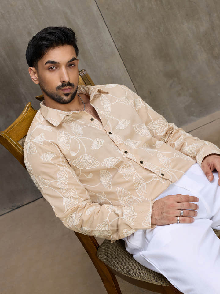 Cahoot Men's Cream Floral Embroidered Casual Shirt - view 1