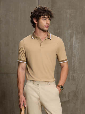 Beige Lycra Structured Knit Polo With Tipping Collar