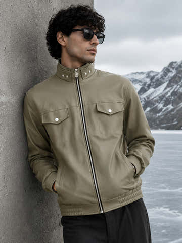 Olive Faux Leather Lined Biker Jacket