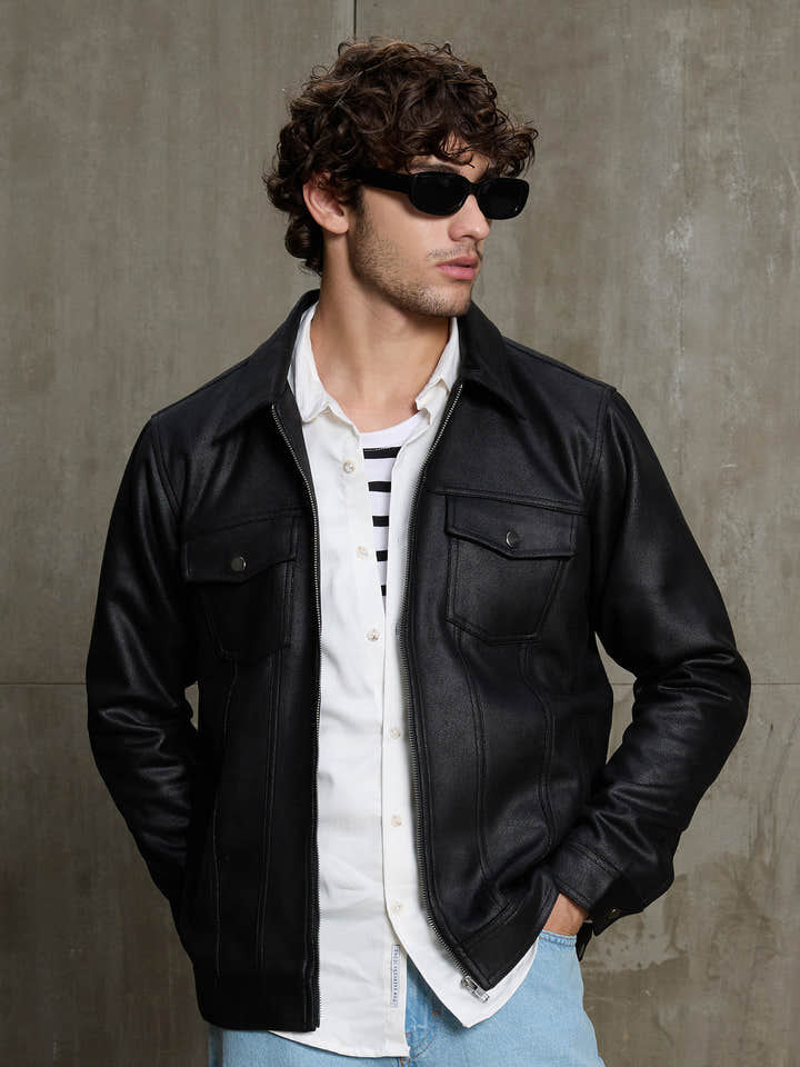 Cahoot Men's Black Smooth Faux Leather Trucker Jacket - view 1