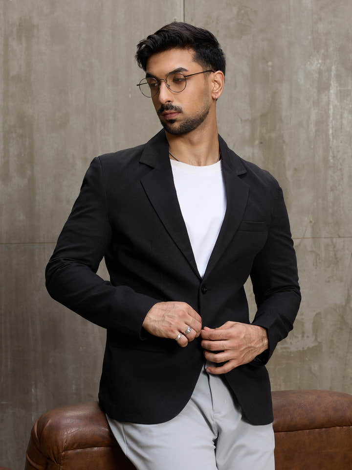 Cahoot Men's Black Single-Breasted Cotton Blazer With Double Flap Pockets - view 1