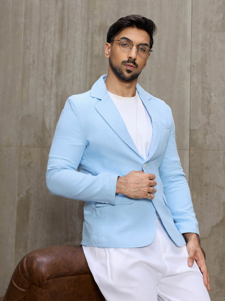 Cahoot Men's Light Blue Single-Breasted Half Lined Cotton Blazer With Double Flap Pockets - view 1