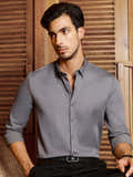 Grey Solid Cotton-Lycra Satin Stretch Slim-Fit Shirt (selected)