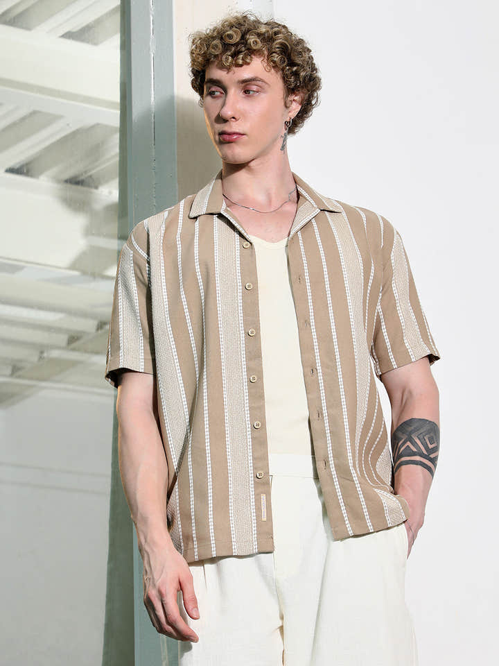 Beige Striped Cuban Collar Shirt