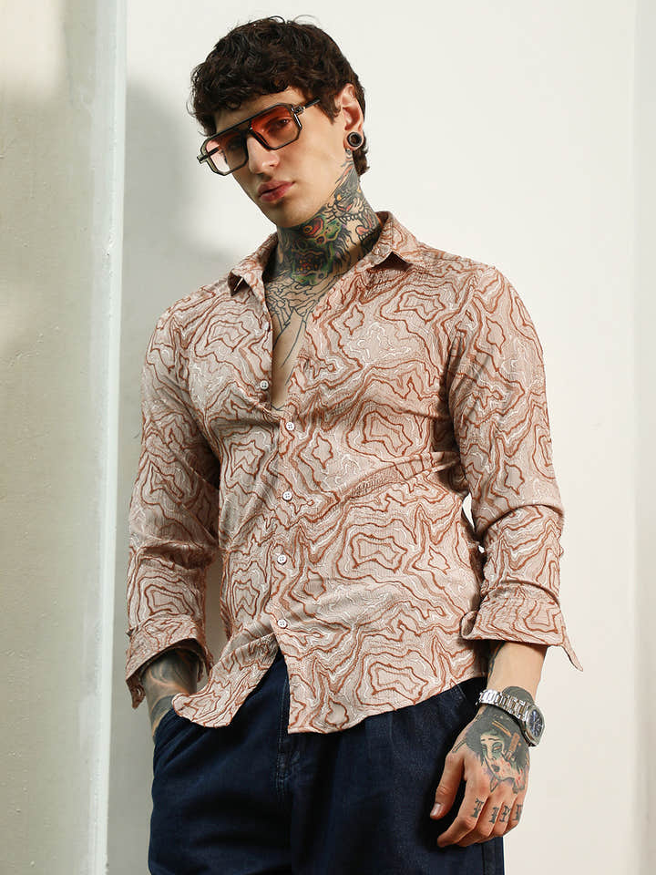 Slim Fit Beige Abstract Pattern Full Sleeve Shirt
