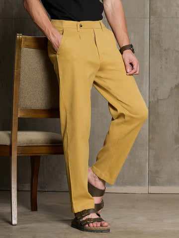 Mustard Cotton Twill Lycra Pleated Stretchable Trouser
