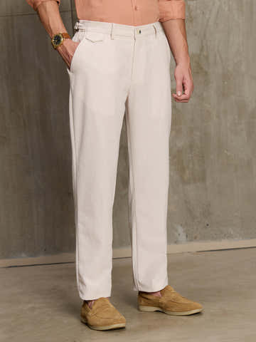 Light Beige Cotton Straight Fit Trousers With Side Tab