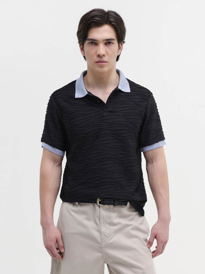 Jacquard Knit Contrast Collar Regular Fit Polo