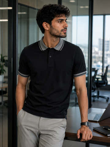 Black Solid Polo T-Shirt With Tipped Collar