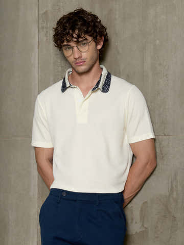 Off White Polo With Crochet Collar