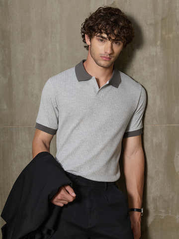 Grey Ribbed Cotton Polo With Jacquard Collar
