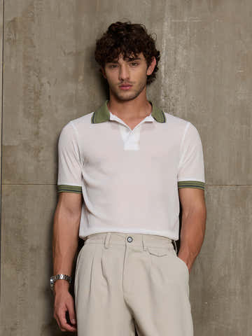 White Nylon Structured Polo With Tipping Collar