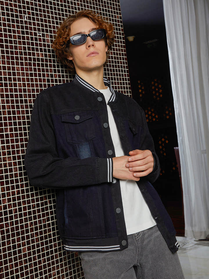 Dark-Wash Denim Bomber Jacket