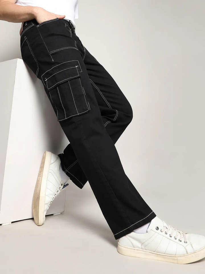Contrast Stitched Cargo Denim Jeans