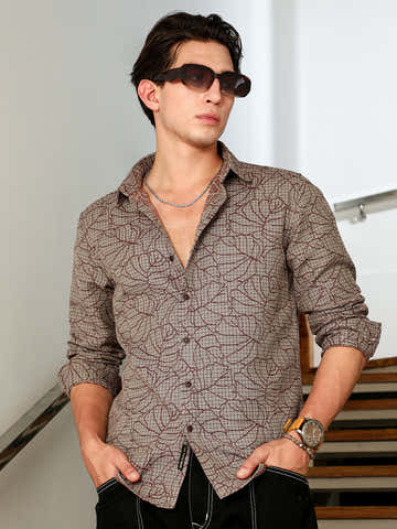 Slim Fit Abstract Patterned Cotton-Poly Blend Shirt
