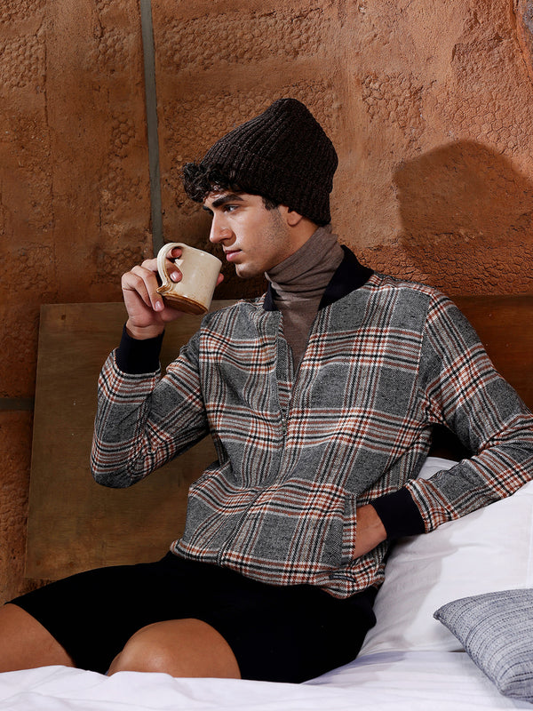 Tartan Plaid Jacket With Ribbed Hem