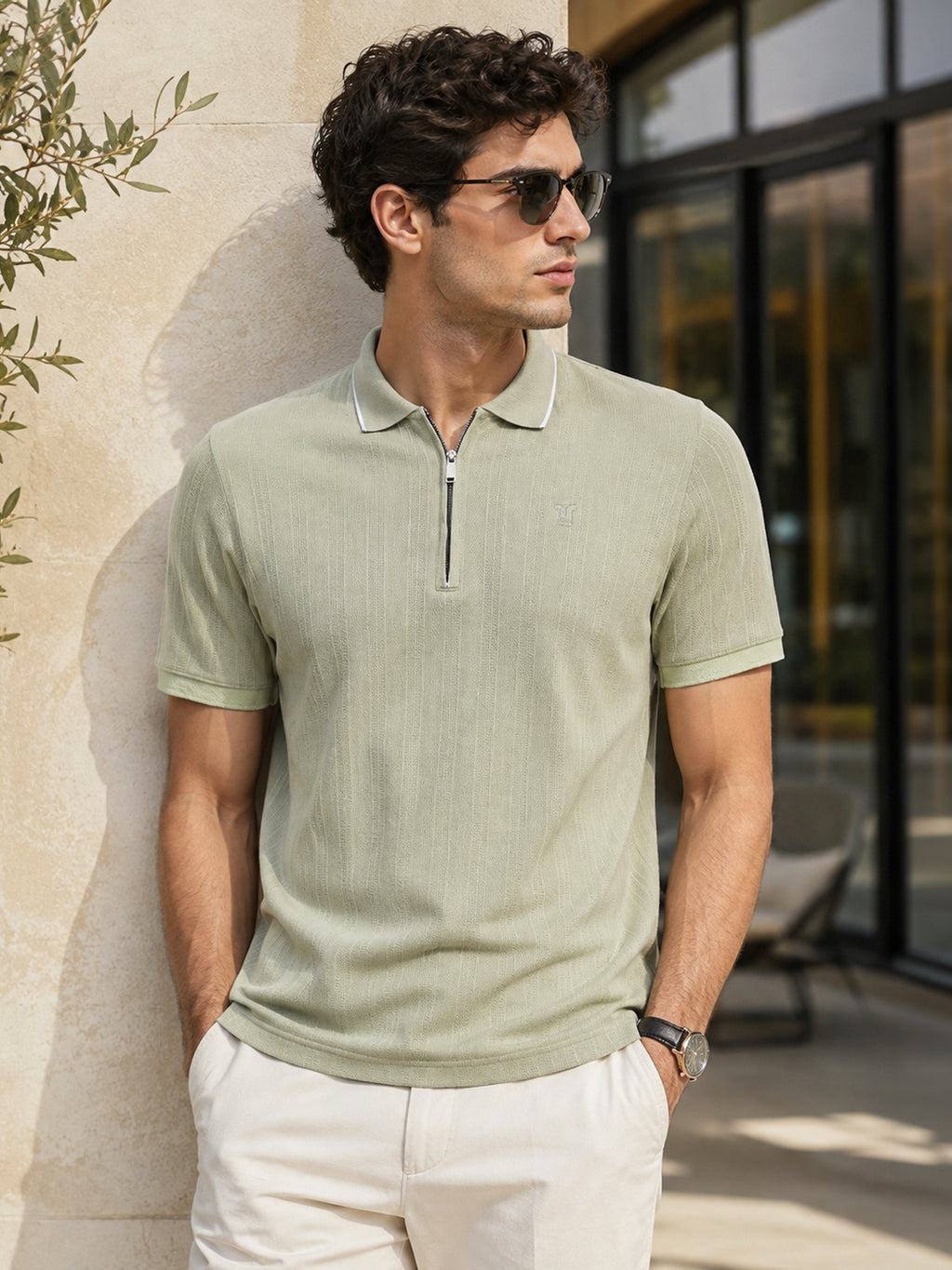 Sage Green Jacquard Half-Zip Polo With Tipped Collar