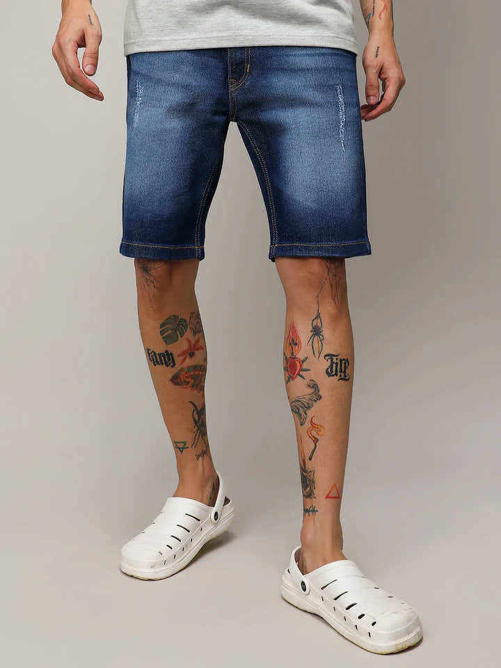 Light-Distressed Denim Shorts