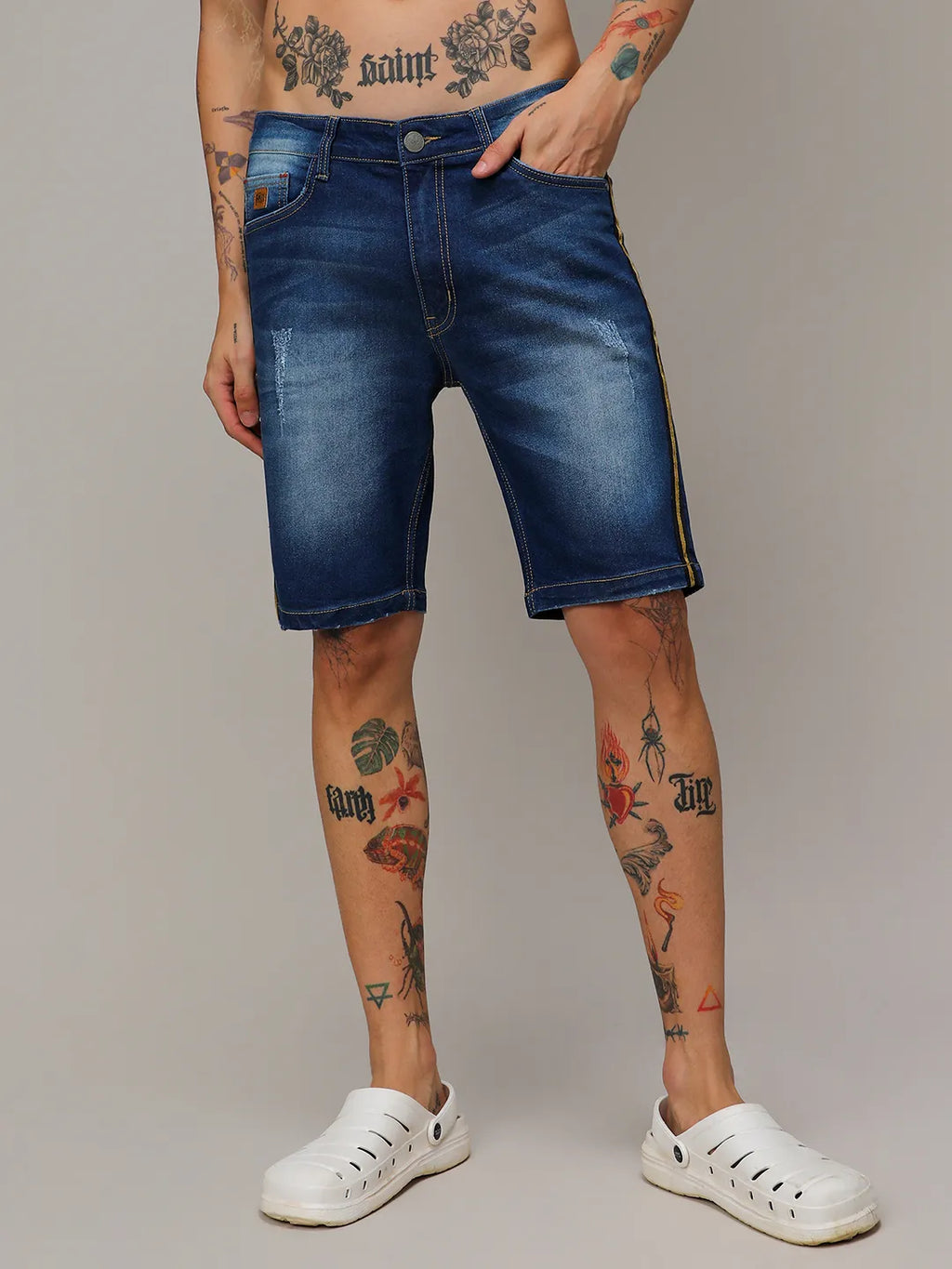 Pencil Side-Striped Denim Shorts