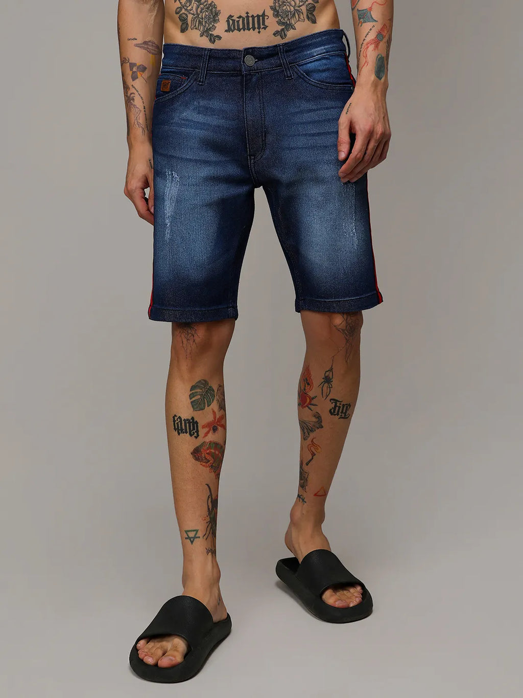 Side-Striped Denim Shorts