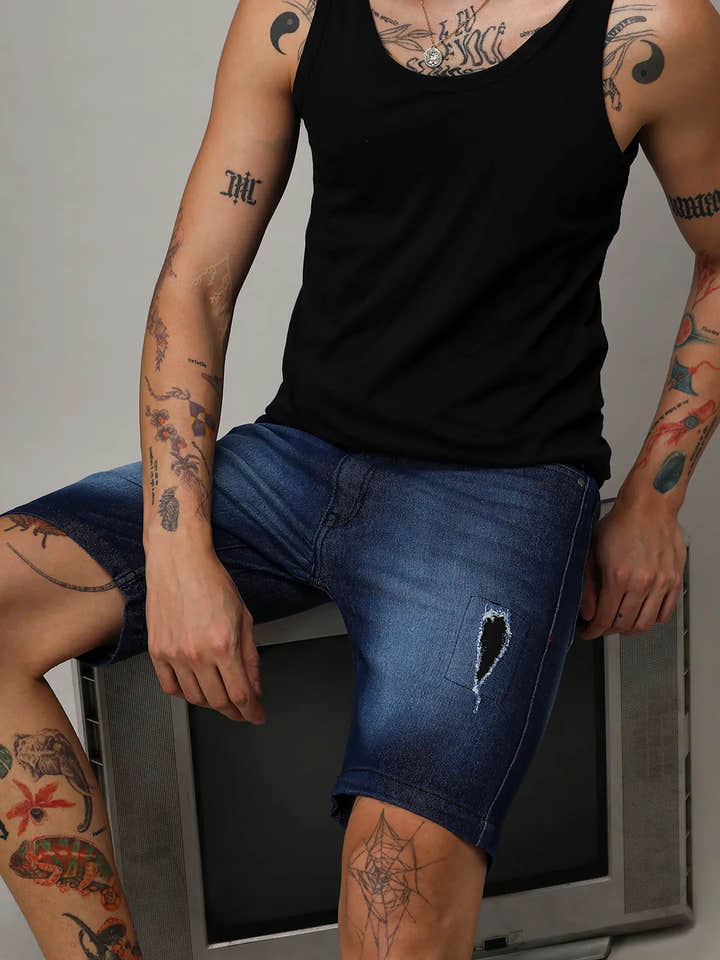 Side Distressed Denim Shorts