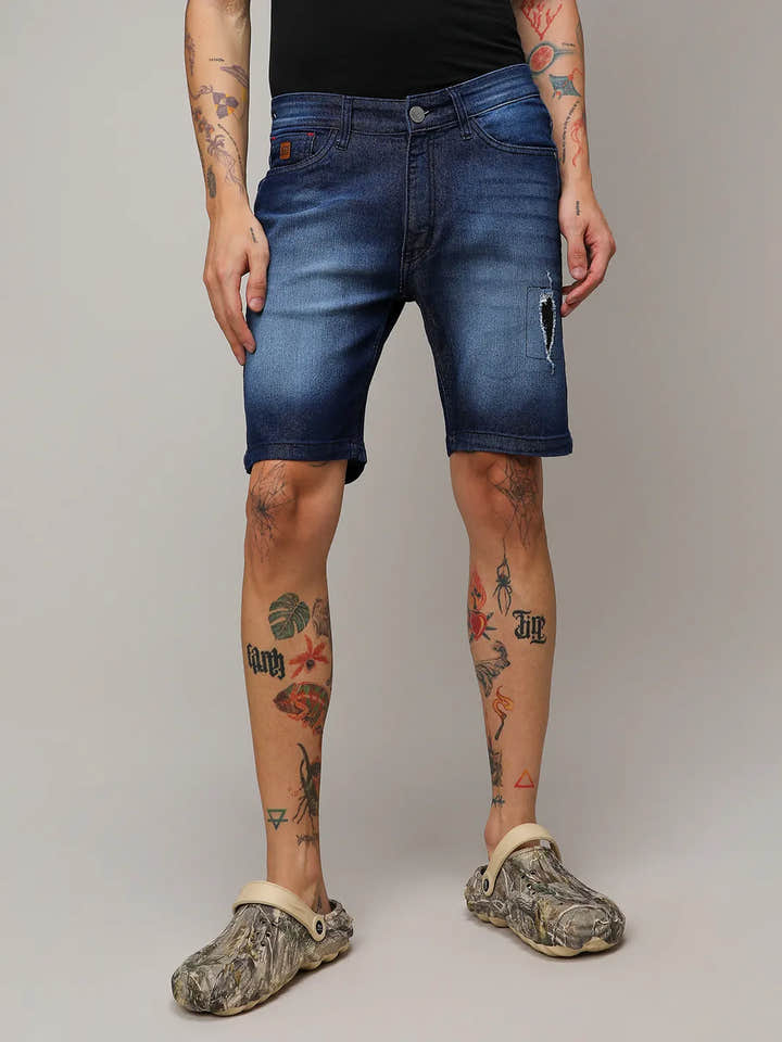 Side Distressed Denim Shorts