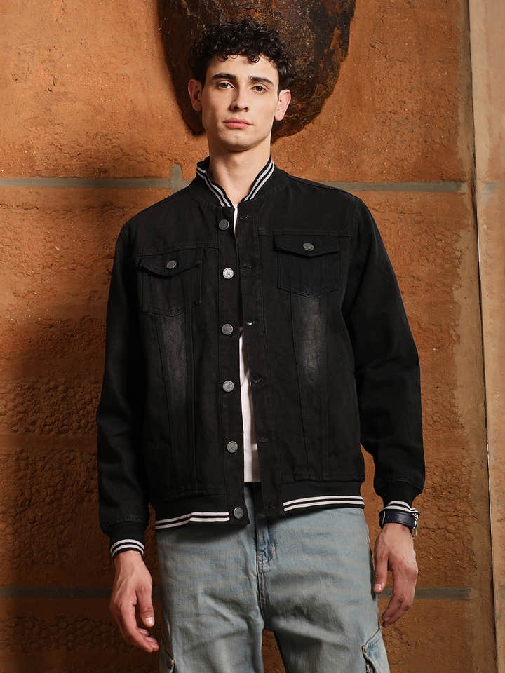 Dark-Wash Denim Bomber Jacket