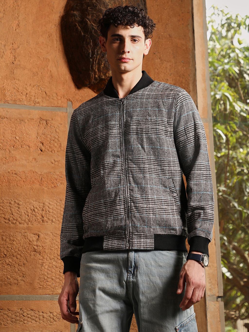Tartan Plaid Jacket With Ribbed Hem