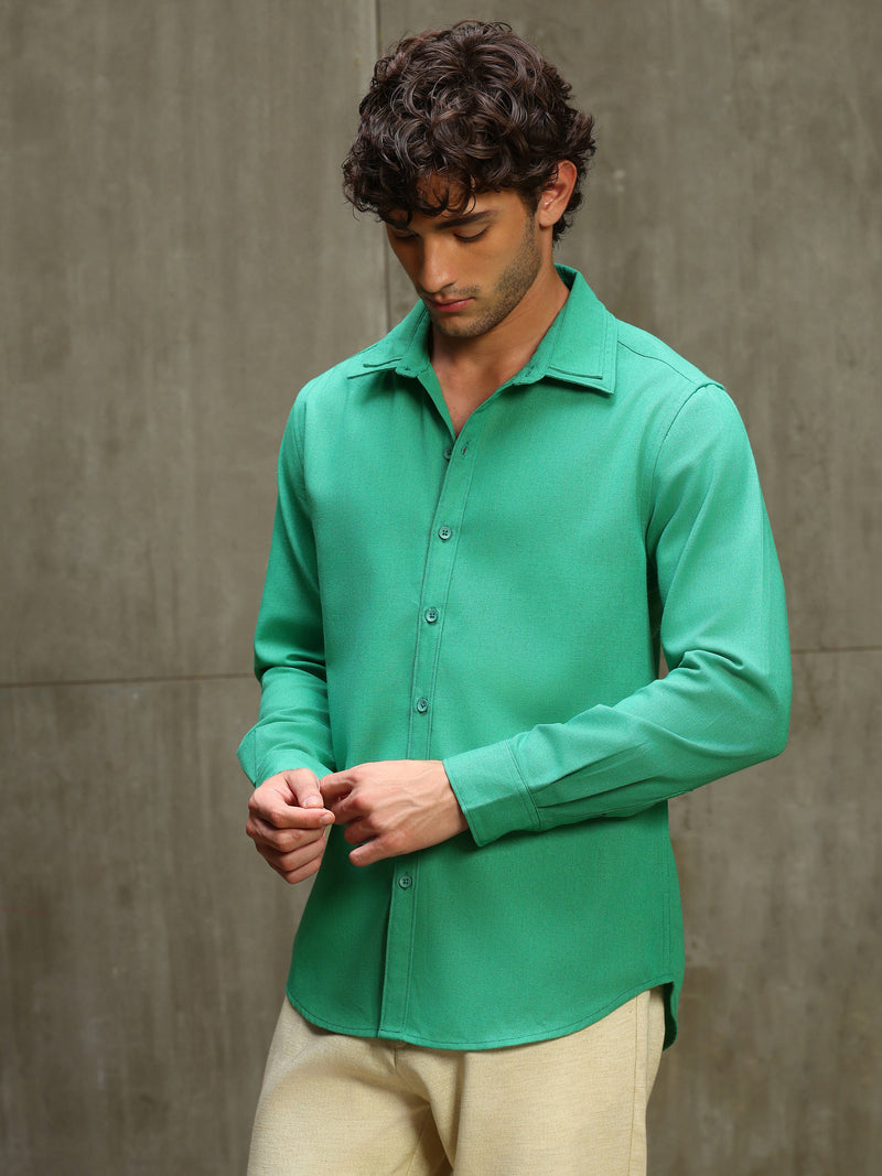 Green Double Collar Linen Blend Shirt