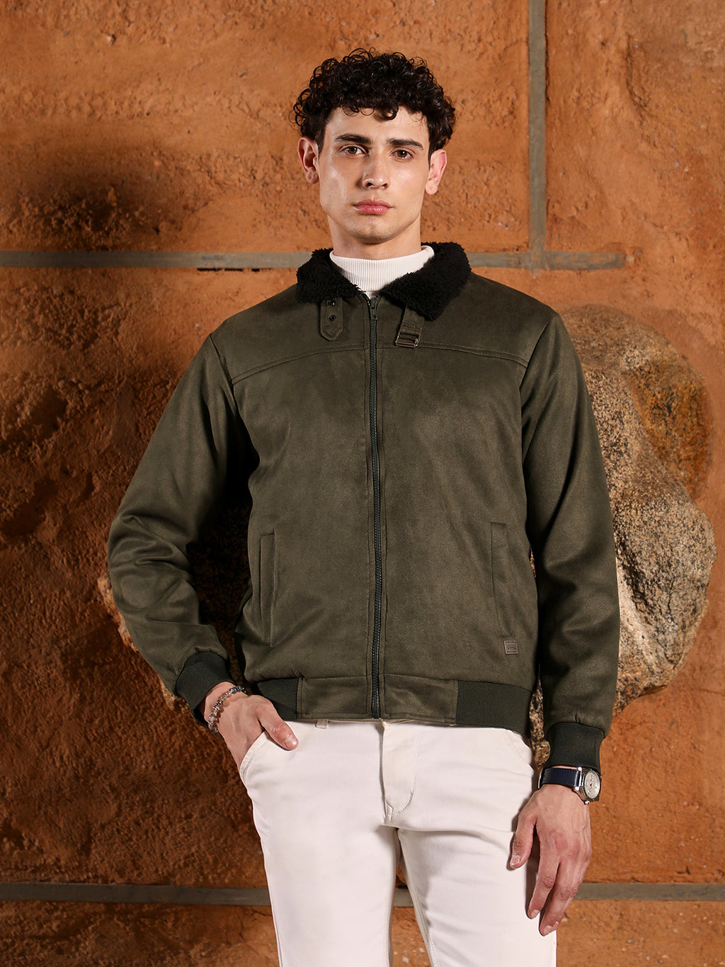 Fur-Lined Suede Bomber Jacket