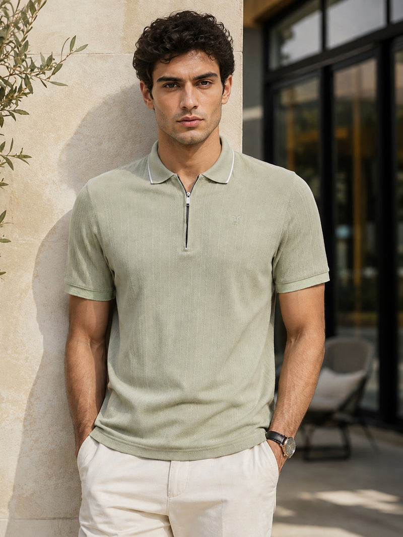 Sage Green Jacquard Half-Zip Polo With Tipped Collar