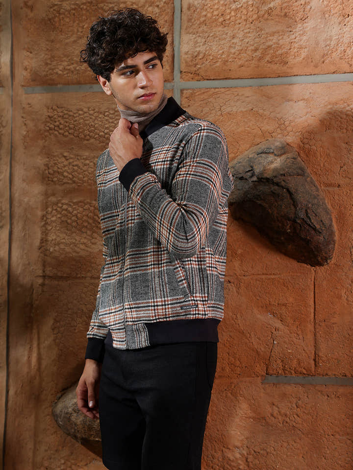 Tartan Plaid Jacket With Ribbed Hem