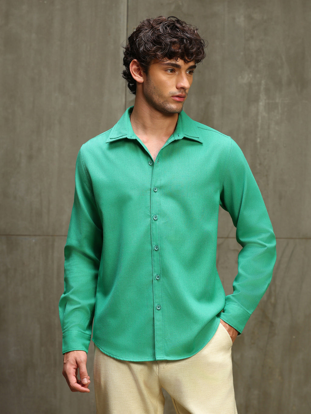 Green Double Collar Linen Blend Shirt