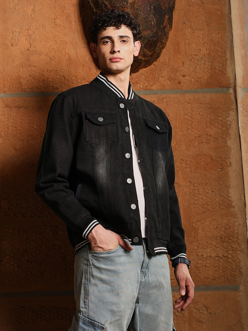 Dark-Wash Denim Bomber Jacket