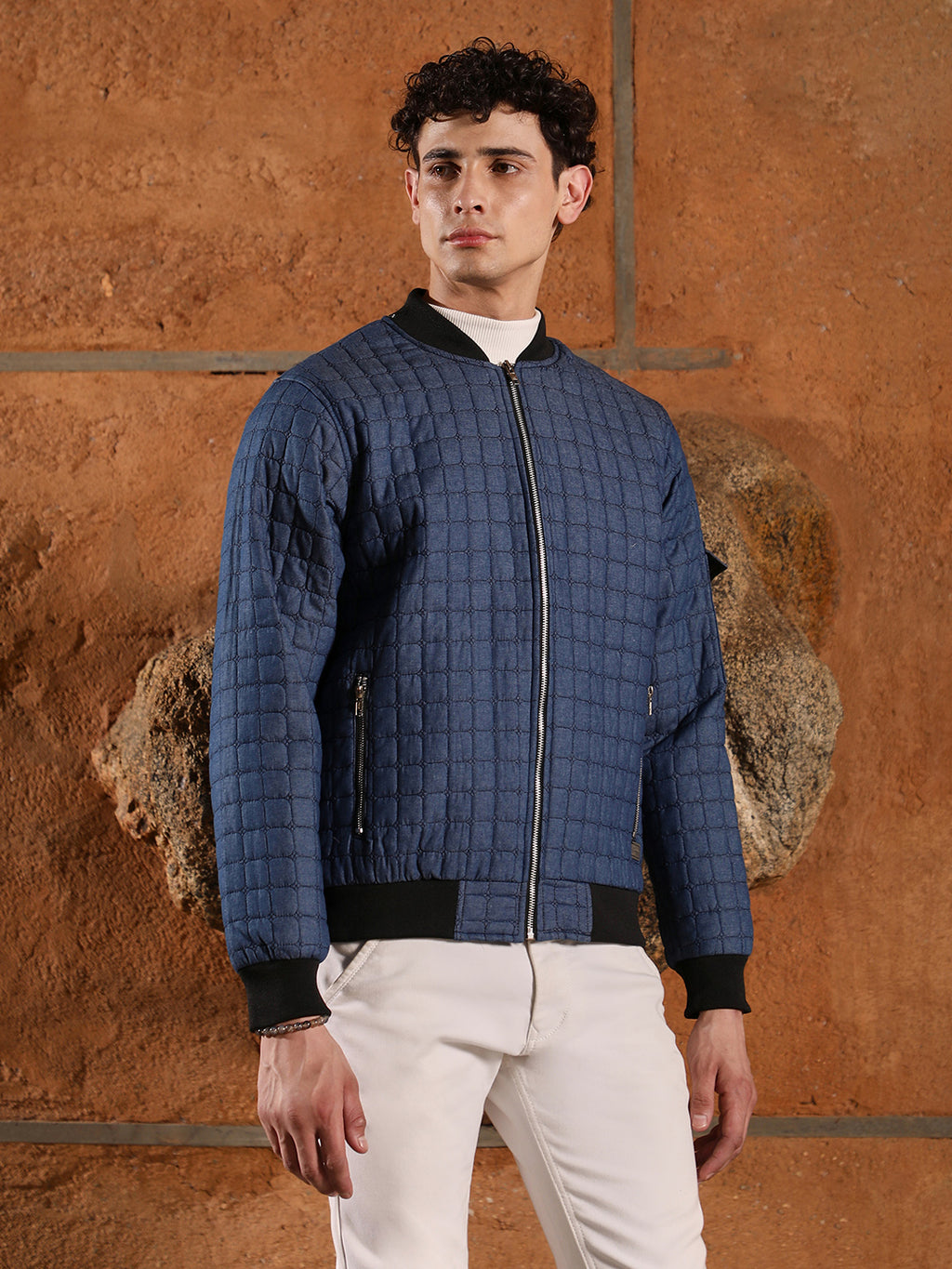 Cubic-Quilted Bomber Jacket