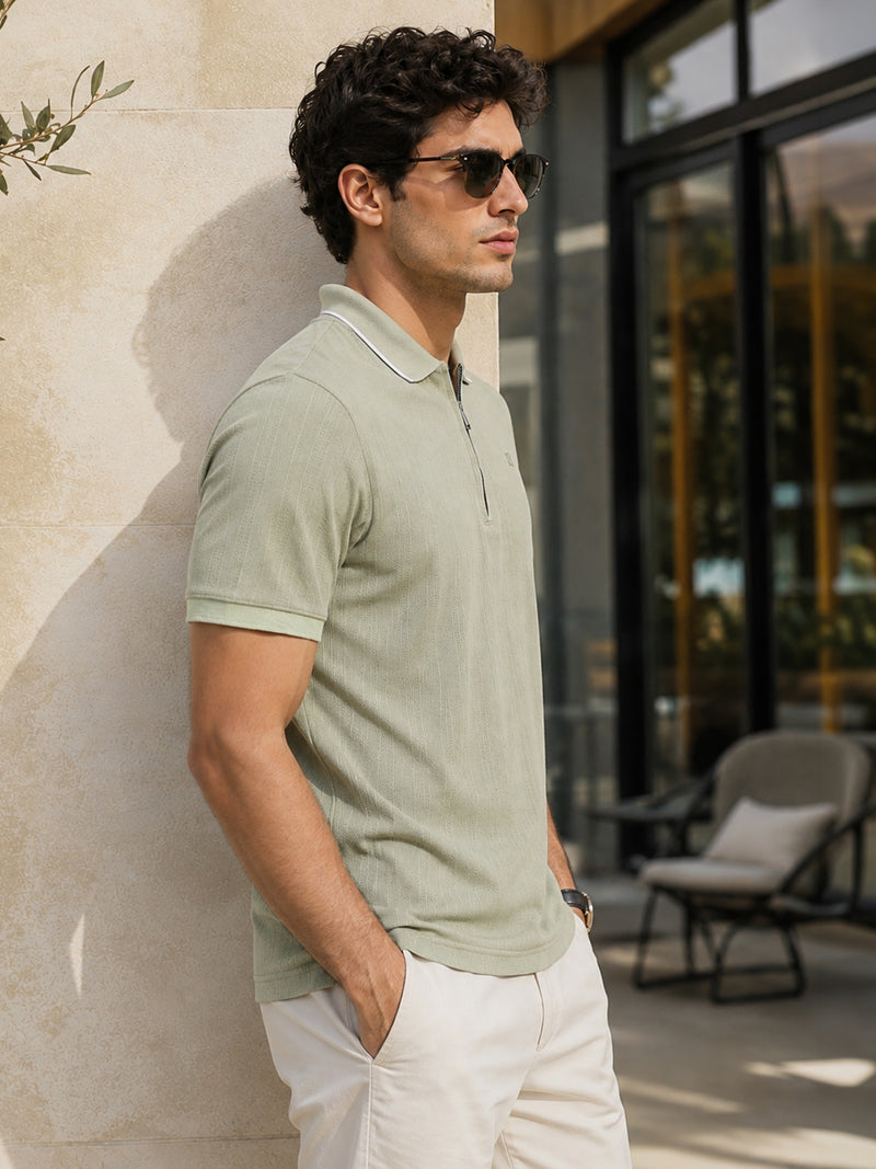 Sage Green Jacquard Half-Zip Polo With Tipped Collar