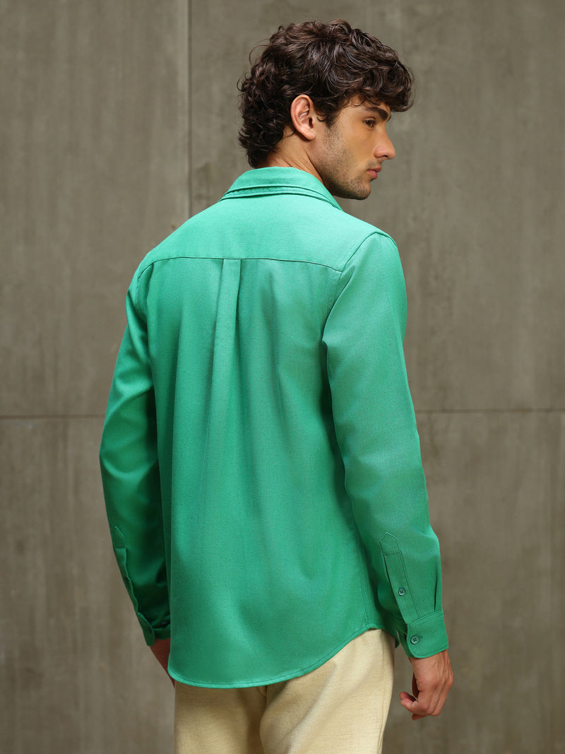 Green Double Collar Linen Blend Shirt