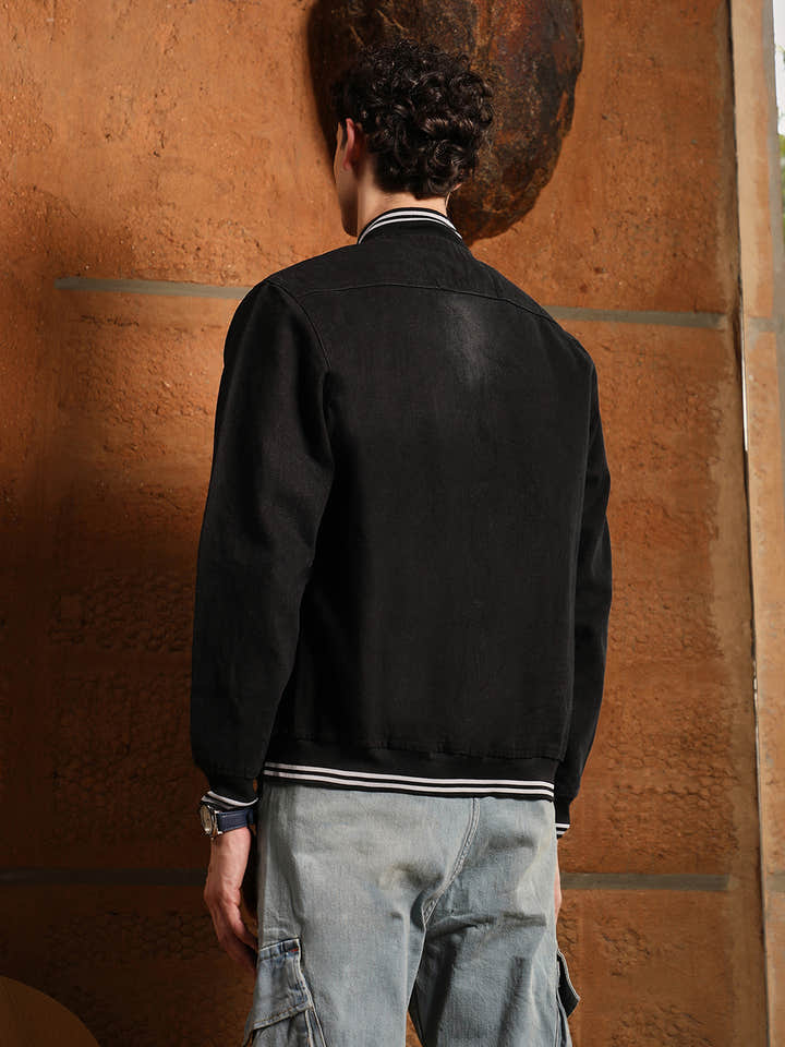 Dark-Wash Denim Bomber Jacket