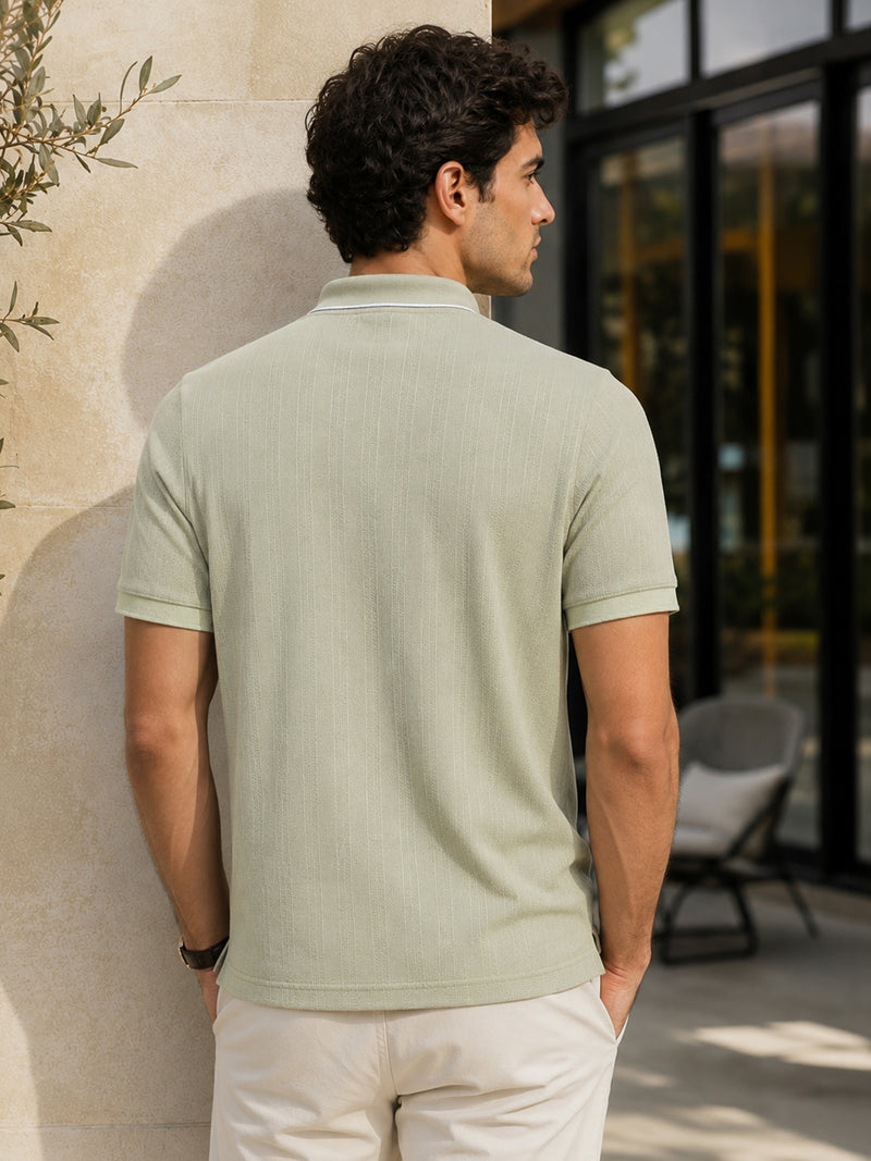 Sage Green Jacquard Half-Zip Polo With Tipped Collar