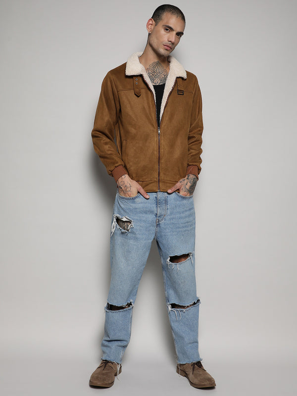 Fur-Lined Suede Bomber Jacket