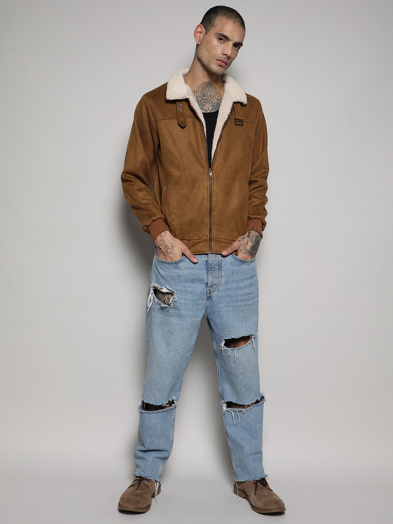 Fur-Lined Suede Bomber Jacket