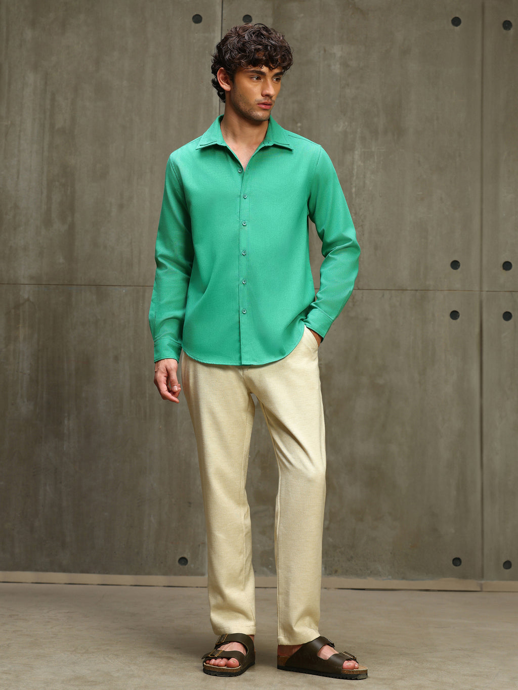 Green Double Collar Linen Blend Shirt